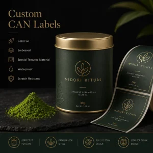 Custom Matcha Can Labels Gold Foil Embossed Textured Paper Waterproof Tea Tin Food Packaging Roll Sticker Logo Labels