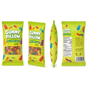 Fruit Gummy Candy Pillow Plastic Bag with Clear Window Flat Single Serve Food Packaging Pouch Bags for Gummy Bears Worms Party
