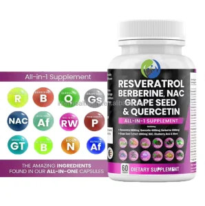 Private Label ALL in ONE Supplement Bulk Quercetin Nac Grape Seed Extract Berberine Resveratrol Capsules