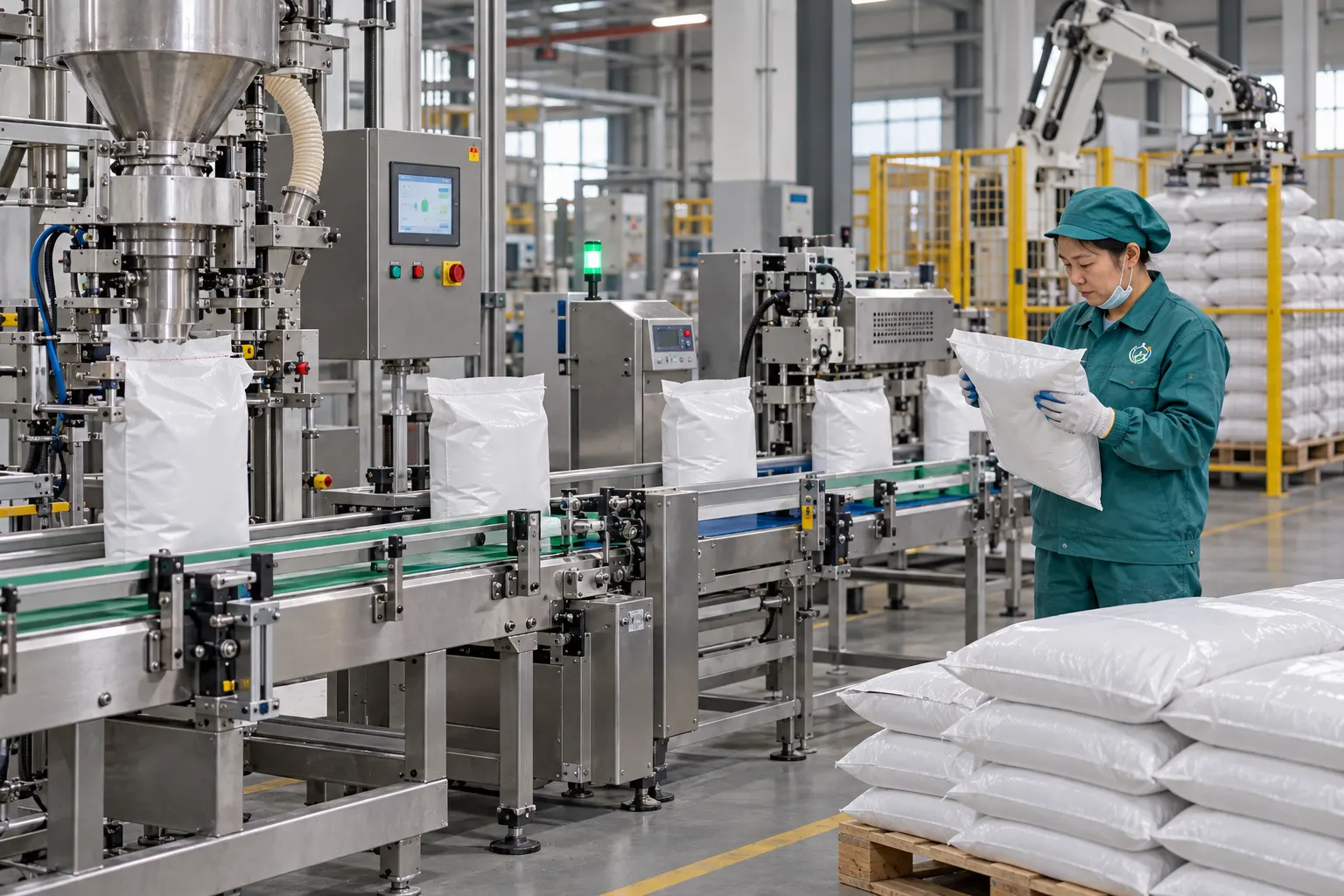 Rensino worker operating a chemical packing line in a Chinese factory