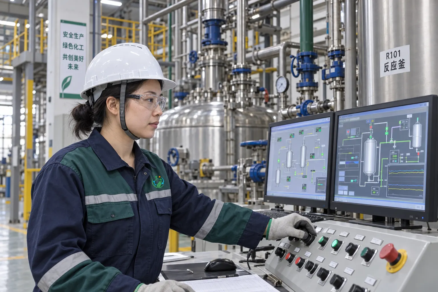 Rensino process operator monitoring organic chemical production equipment