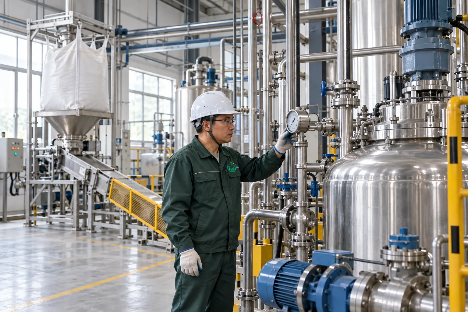 Rensino technician working on an organic chemical production line