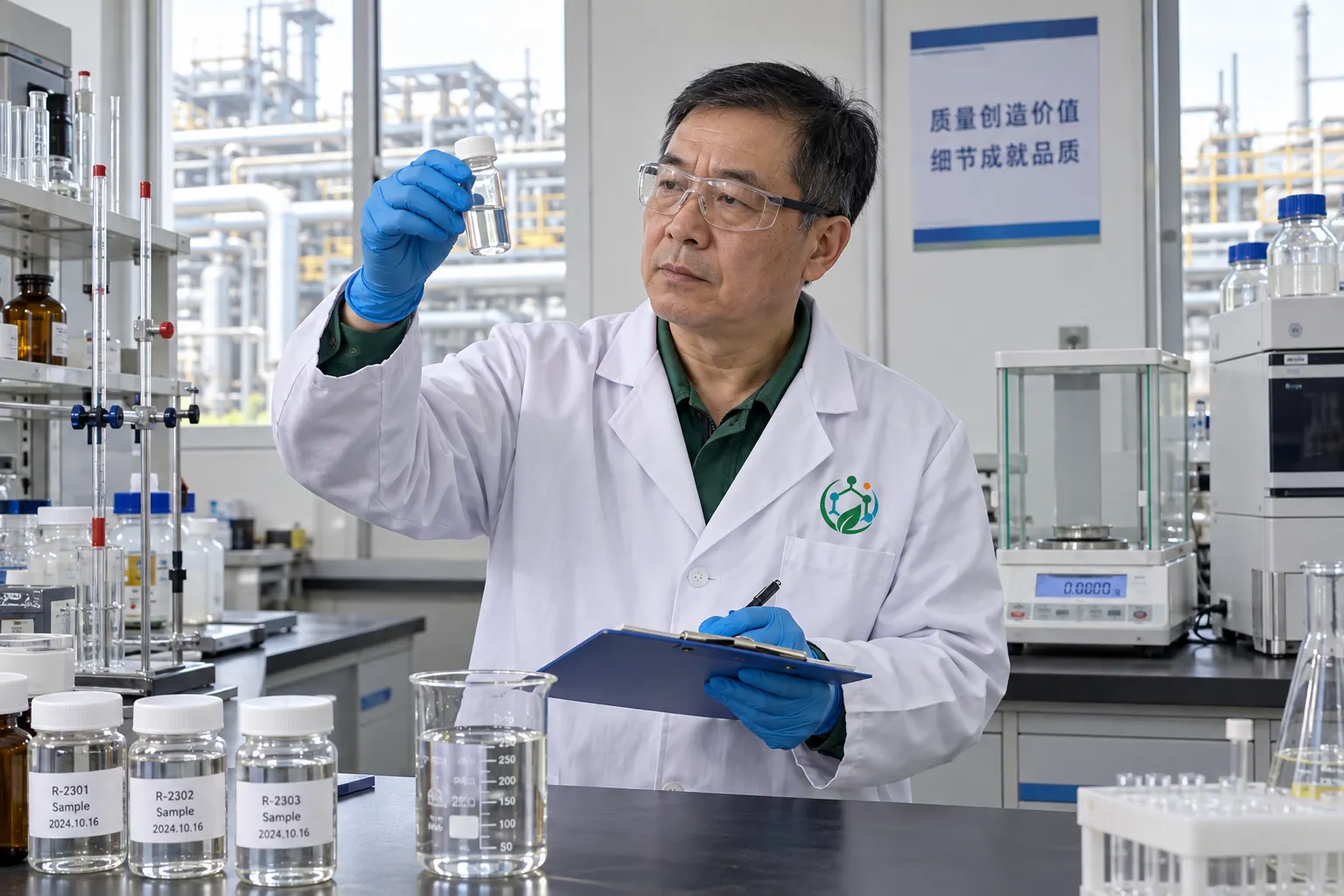 Rensino quality control technician inspecting an organic chemical sample